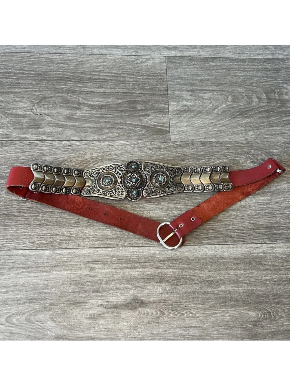 Vintage Red Leather Concho Belt Turquoise Silver Tone Western Boho 36.5” S/M - Picture 5 of 16